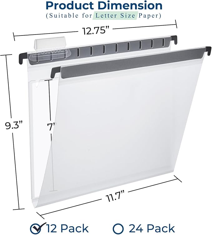 Y YOMA Plastic Hanging File Folders with Pocket, Letter Size, 1” Expansion 12 Pack Clear Reinforced Hanging Folders with Tabs, Waterproof for Filing Cabinet Bulky Files Home Office