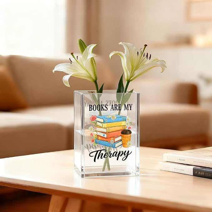 Books Are My Therapy Acrylic Pen Holder Cosmetic Organizer, Funny Book Pen Pencil Holders for Desk, Bookmark Holder for Bookshelf, Desk Accessories Bookish Gifts for Librarian Reader Teacher