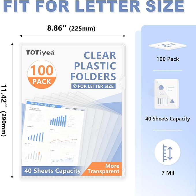TOTiyea 100 Pack Clear Folder, 7Mil Plastic L-Type Folders, Clear Copy Safe Project Pocket, Fits Letter Size 8.5x11 Paper, Transparent