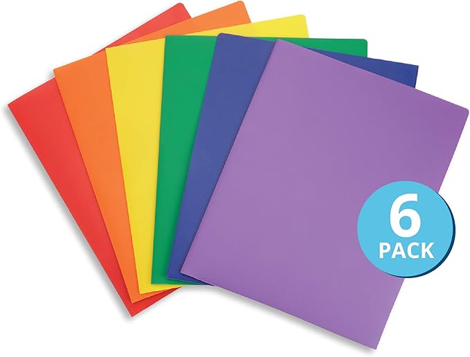 Blue Summit Supplies 6 Pack Multicolor Two Pocket Plastic Folders with Pockets, Heavy Duty Colored 2 Pocket Plastic Folders for School, and Business Card Slot, Home, and Work