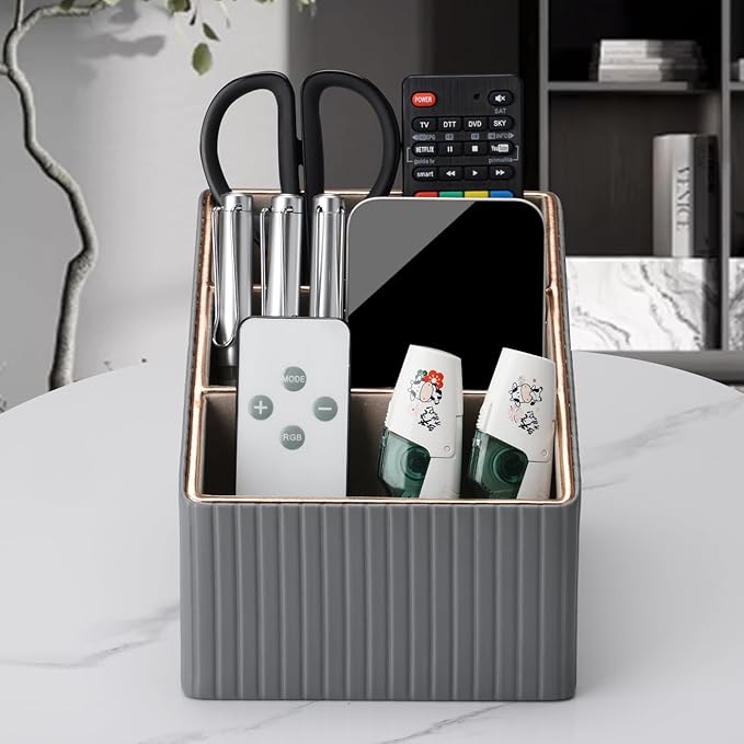 KINGFOM 3 Slot PU Leather Remote Controller Holder, Home Sundries Storage Box, TV Guide/Mail/CD Organizer/Caddy/Holder with Free Cable Desk Organizer (Gray)