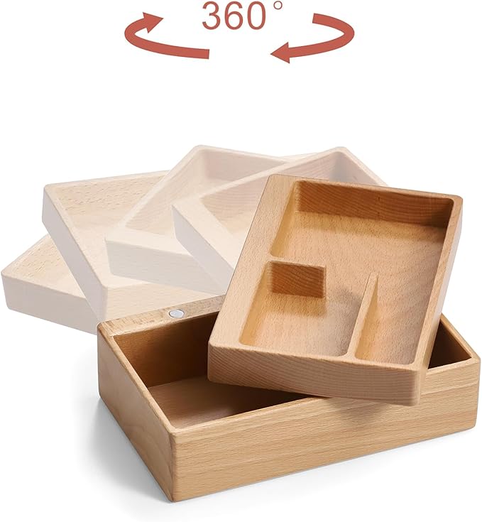Valet Tray Box, Beech Wooden Storage Box with Magnetic Rotating, Office Desk Daily Supplies Organizer