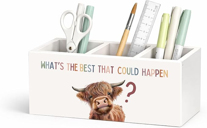 What’s The Best That Could Happen Cow 3-Compartment Desk Organizer, Wooden Pencil Holder for Pens, Pencils, Scissors & Rulers, Cute Farm Animal Theme for Home, Kids, Office