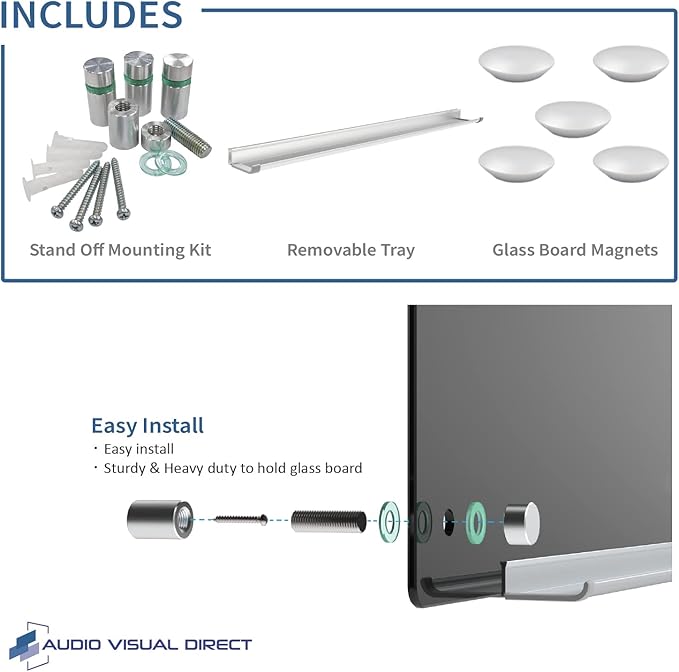 Audio-Visual Direct Magnetic Black Glass Dry-Erase Board Set - 6' x 4' - Includes Magnets, Hardware & Marker Tray