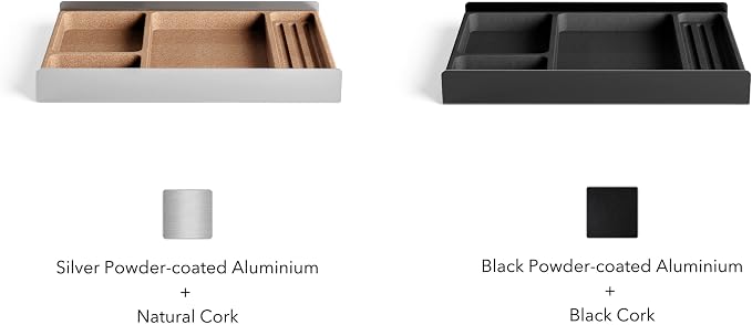 Desk Tray Organiser Drawer with Compartments Cork & Aluminium Catchall Valet Pen Tray for Cockpit Setup Desktop Storage Stationery Organizer (Light)