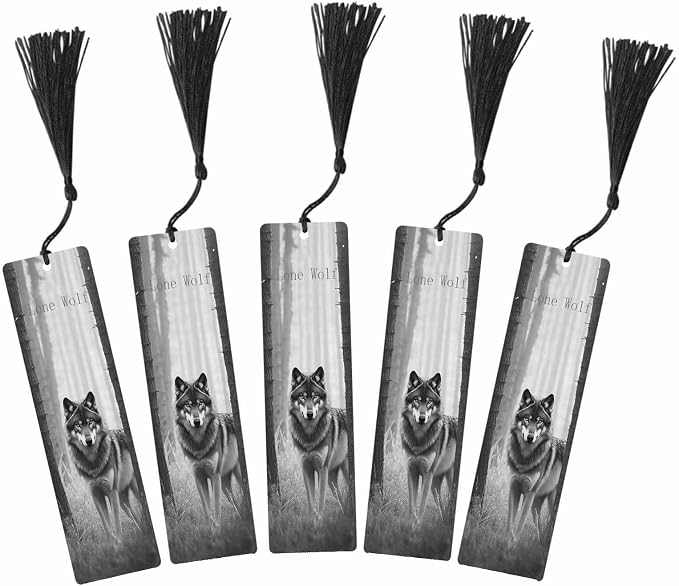 Lone Wolf 5 Pcs Bookmarks Animal Wooden Bookmarks with Tassel for Students Reader Teachers Book Lovers