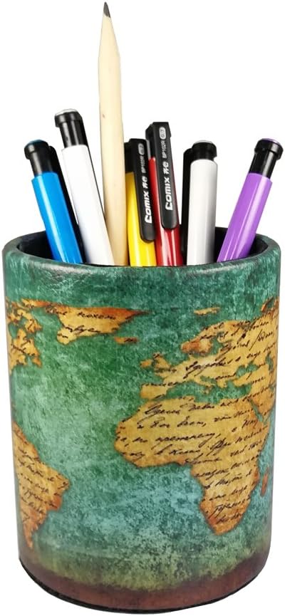 DreamsEden Vintage Pen Pencil Holder Cup Retro Pattern Desk Organizer for Home Office Bedroom (Blue World Map Round)