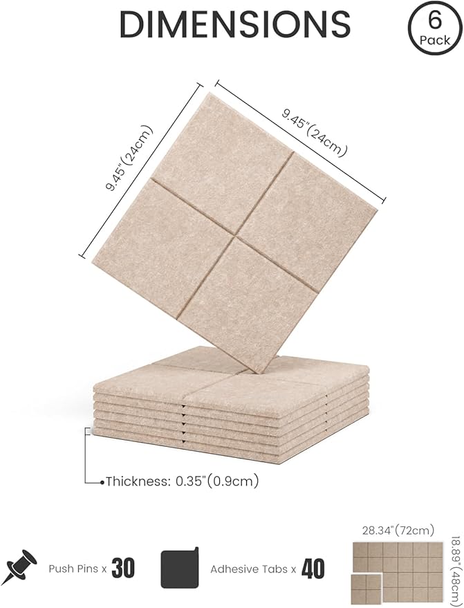 Fluxynara Felt Bulletin Board Tiles -28"x18" Cork Board Alternative for Office Decor, Push Pin Board Wall Organizer 6-Pack - Taupe