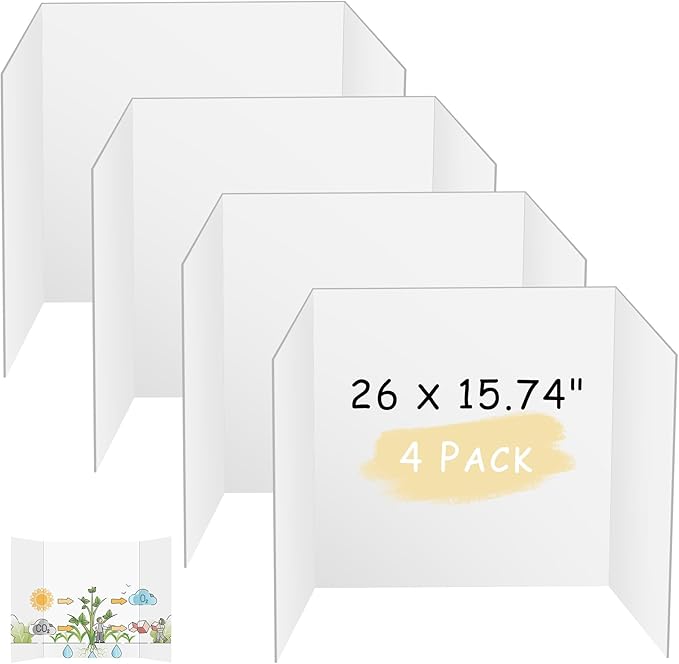 HAUTOCO 4 Pcs Medium Trifold Poster Board 26 x 15.74 inches Tri Fold Presentation Boards White Corrugated Project Boards for Science Fair, School Project, Event Displays, Business