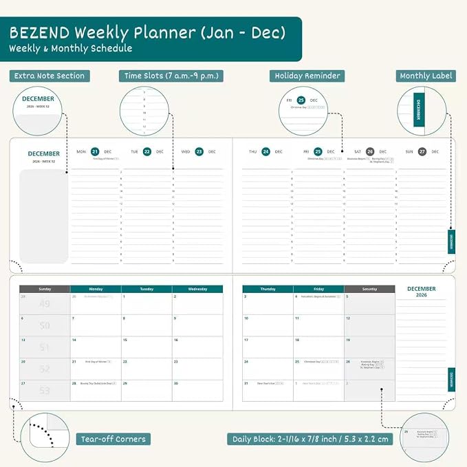 BEZEND 2026 Planner Weekly and Monthly (9" x 5.5") Calendar Book with Daily Vertical Timeslot & Note (Jan-Dec), Equal Space Even Weekends, Work Home Women, PU Leather Hardcover - Black