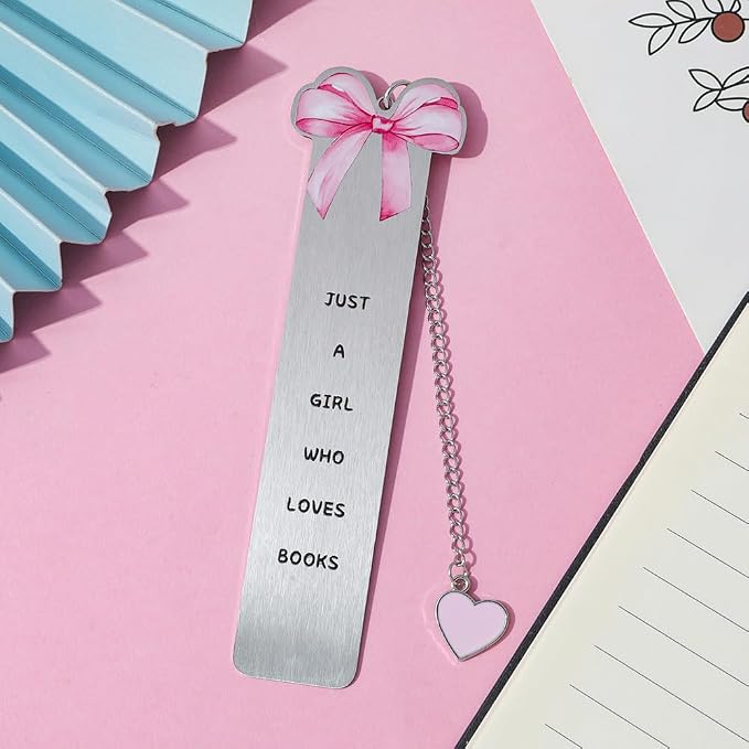 Pink Bowknot Stainless Steel Bookmark - 5pcs Set with Cute Patterns & Heart Pendants, Ideal for Female Readers