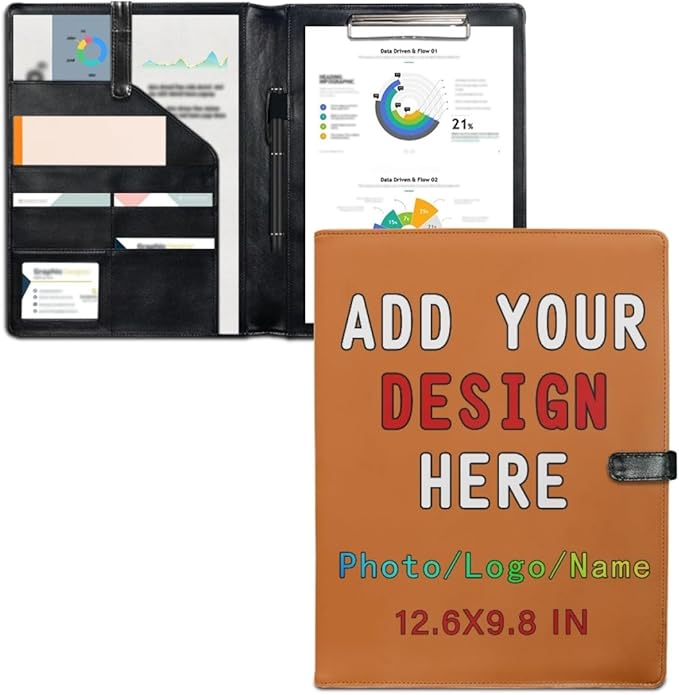 Personalized Padfolio with Logo Photo Name, Custom Business Portfolio Folder for A4 Clipboard Documents/Card Holder, Chocolate