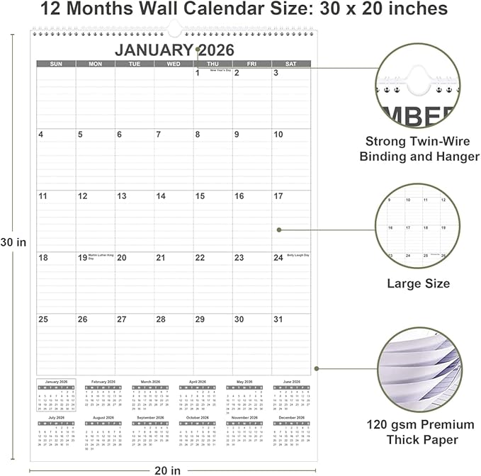 2026 Wall Calendar - Large Calendar 2026 from January 2026 - December 2026, 12 Months Calendar/Planner with Thick Paper, 20" x 30", Vertical, Black