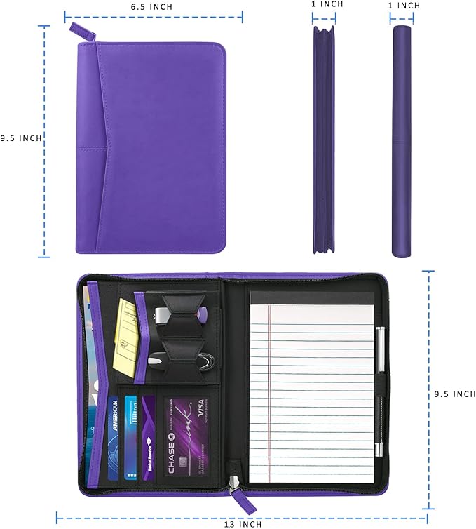 Junior Padfolio Portfolio with 5 x 8 Writing Pad, A5 Business Portfolio Binder Folder Organizer Multi-Function Combination Case for Men Women, Purple