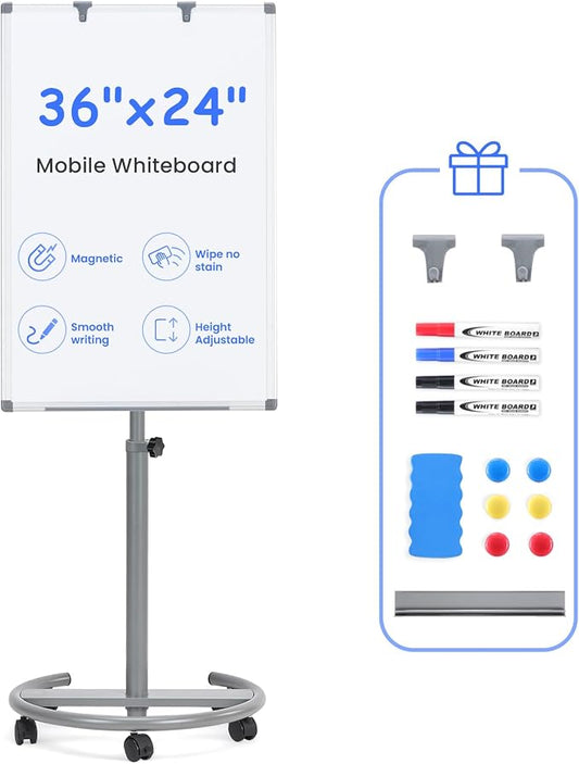 MAKELLO Rolling Whiteboard 3' x 2', Height Adjustable Dry Erase Board on Wheels, Mobile White Board for Office School Classroom Home Restaurant, Aluminum Frame, 36x24 in