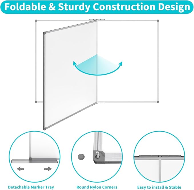 JILoffice Large Foldable White Board 72x40 Inches, Dry Erase Magnetic White Board, Silver Aluminum Frame with 2 Detachable Marker Tray Wall Mounted Board for Office Home and School