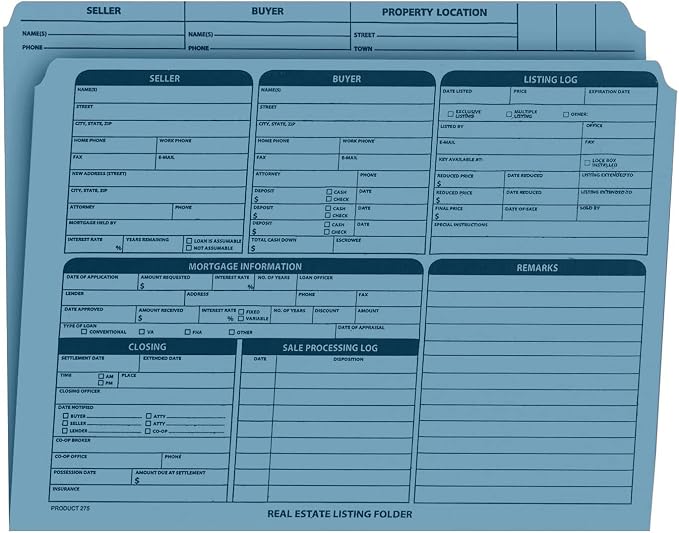 Real Estate Listing Folder - Right Panel List Holder for Document Pre-Printed with Closing Checklist & Tracker on Card Stock, Color-Dots for Organization - Letter Size, 25-Pack - Blue