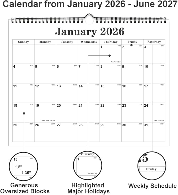 Calendar 2026 - Calendar 2026-2027 from January 2026 to June 2027, Spiral Binding Hanging Wall Calendar 2026 for Home/Office, 8.5" x 11", Black