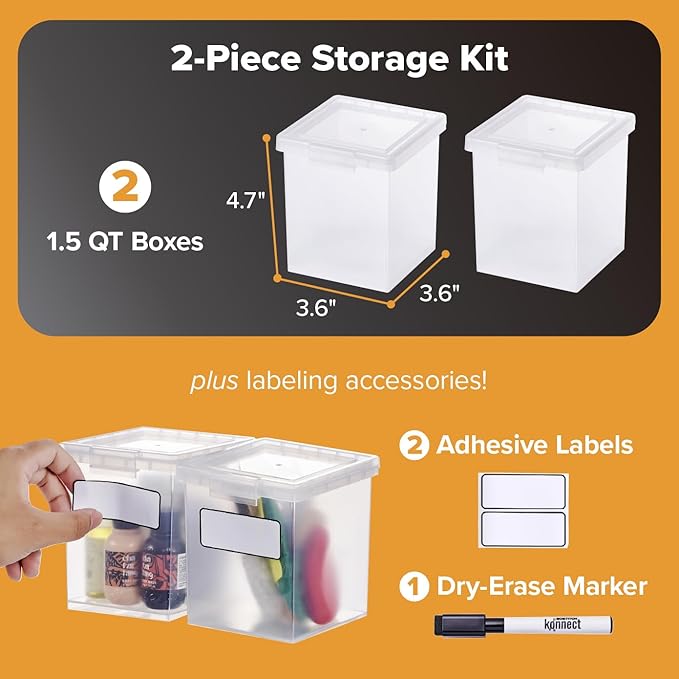 Bostitch Konnect Clear Storage Containers with Lids, Stackable Plastic Organizer Bins, 1.5 Quart, 2 Pack