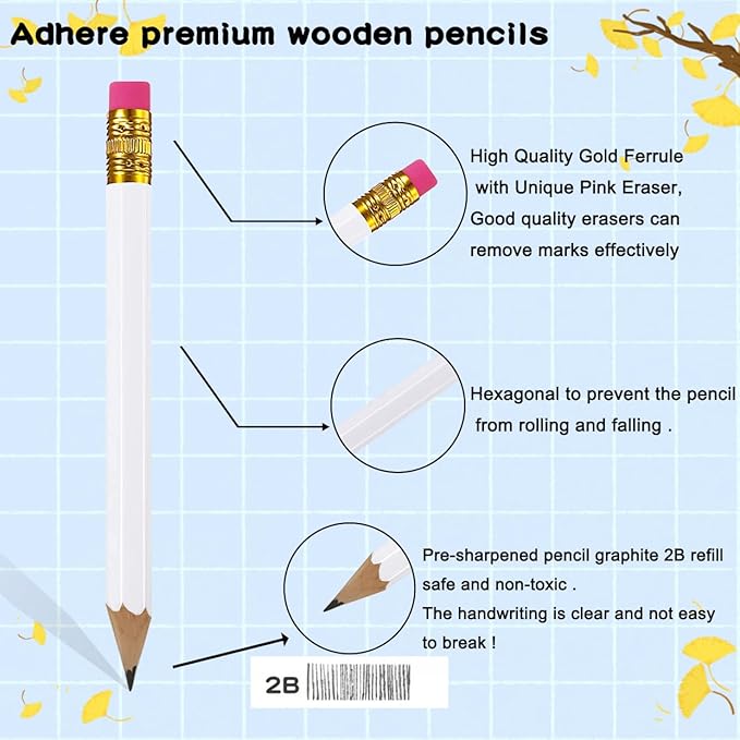 Adhere 25pcs Golf Pencils with eraser Hexagon Wooden Pencils Graphite 2B for Golf Event Scoring,Classroom,Wedding,Company Meetings,Pew, Pocket (white)