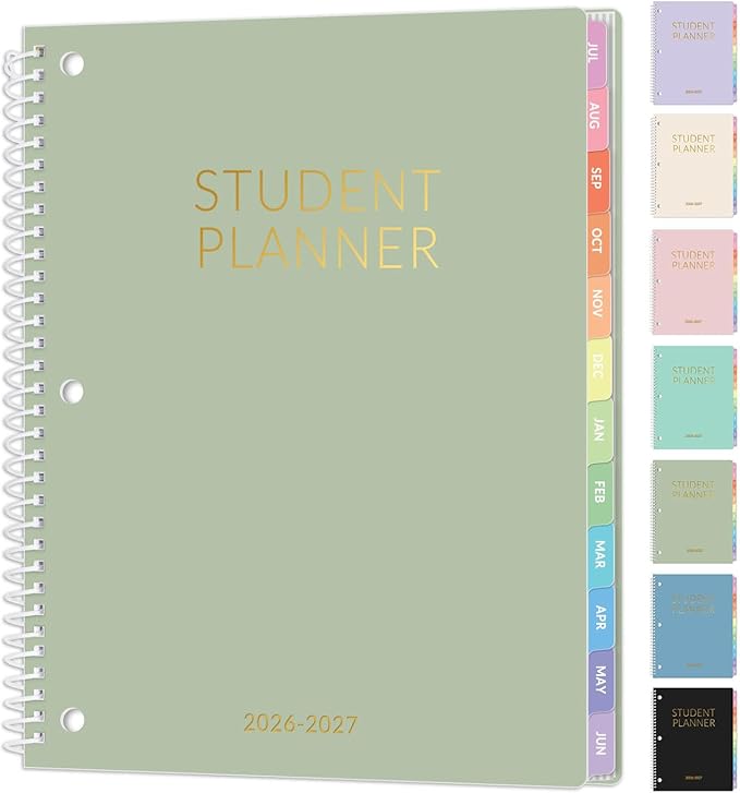 Student Planner 2026-2027, SUNEE Academic Weekly & Monthly School Planner, Jul. 2026 - Jun. 2027, 8.5"×11" School Lesson Plan Book with Week's Goals, Bookmark, Monthly Tabs, 3-Hole Punched, Sage Green