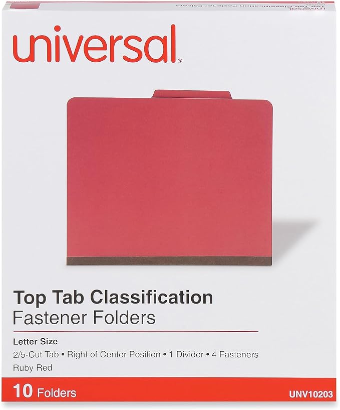 Universal 10203 Pressboard Classification Folders, Letter, Four-Section, Ruby Red, 10/Box
