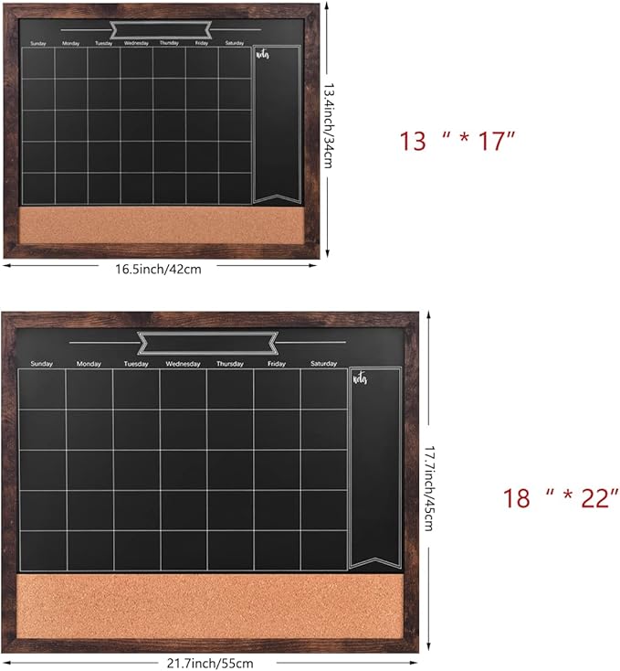 Chalkboard Calendar and Bulletin Combo Board. 13" x 17" Brown Wooden Frame，Magnetic Chalkboard.Perfect for Office, Home School Message Board，HBZHB-BN3442-US