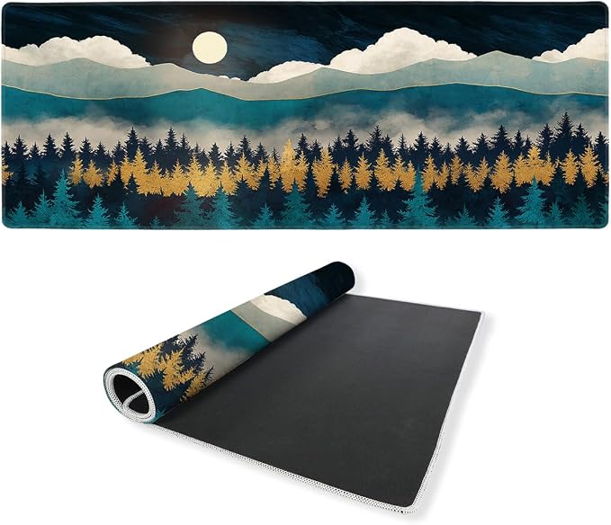 Golden Forest Desk Mat Gaming Mouse Pad Teal Mountain Moonlight Mist Mousepad Computer Keyboard Pad Mouse Mat Laptop Mat 31.5 x 11.8 Mouse Pads for Desk Home Office Gaming