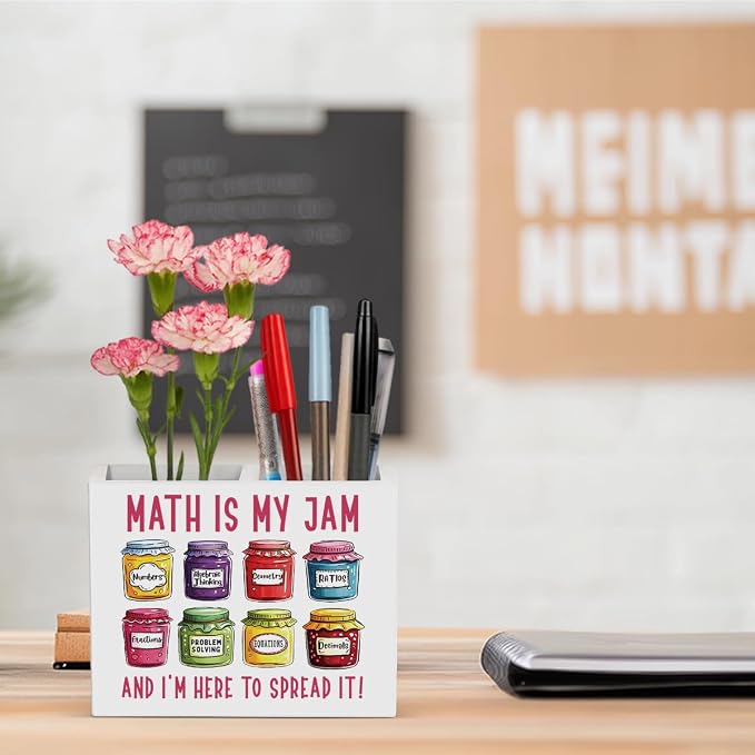 Math Is My Jam Math Teacher Pencil Holder Decor Teacher Appreciation Gifts for Office Mathematician Math Lover Gifts math Theme Wooden Organizer Vase for Office Home Desk Table