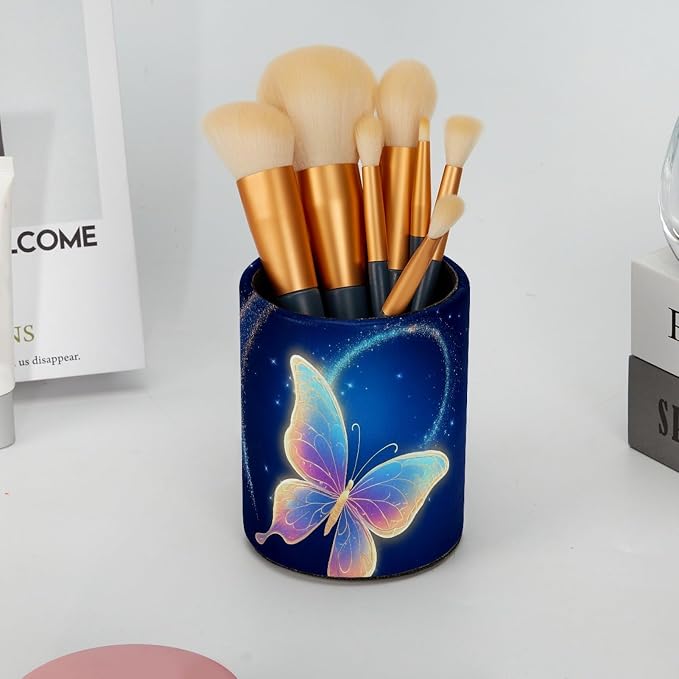 Leather Pen Holder for Desk, Butterfly Makeup Brushes Holder Pencil Cup Multifunctional Desktop Organizer Caddy for Home School Office Desk Accessories