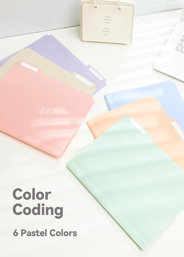 SortRax Plastic Manila Folders 8.5 x 11, 12 Pack, Poly Pastel File Folders, 1/3-Cut Tabs with Colorful Labels, Letter Size