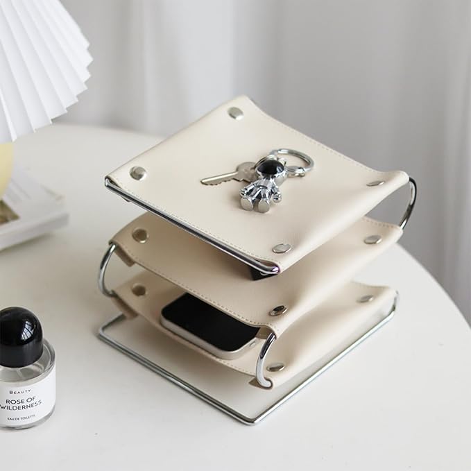 3 Tier Leather Desk Organizer, Leather Desk Caddy for Office Supplies, Desktop Cosmetic Tray Organizer Storage Box for Pens, Cable Organizer, Phone Holder, Desktop Paper Holder (Milk White)