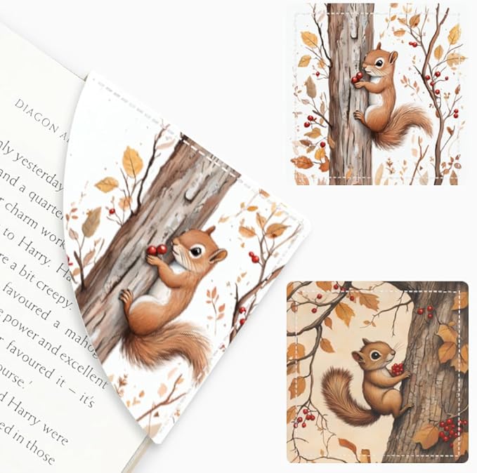 2PCS PU Leather Bookmarks 3.5x3.5 Inch Squirrel Autumn Tree Design | PU leather bookmarks with squirrel autumn tree design for novels, reading notes, planners, students, teachers and book fans