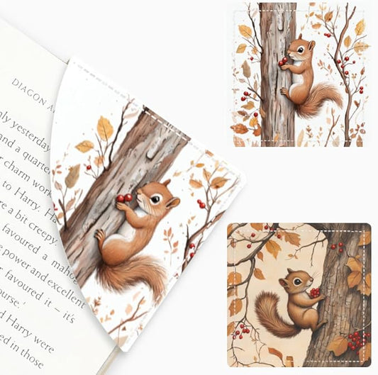 2PCS PU Leather Bookmarks 3.5x3.5 Inch Squirrel Autumn Tree Design | PU leather bookmarks with squirrel autumn tree design for novels, reading notes, planners, students, teachers and book fans