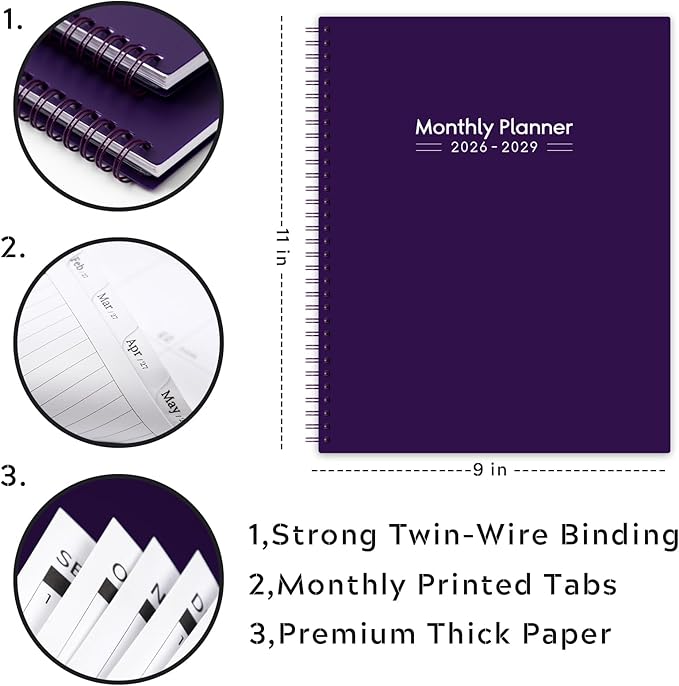 2026-2029 Monthly Planner - 3 Year Monthly Planner 2026-2029, Jul 2026 - Jun 2029, 9" x 11", 3 Year Calendar with Tabs - Purple