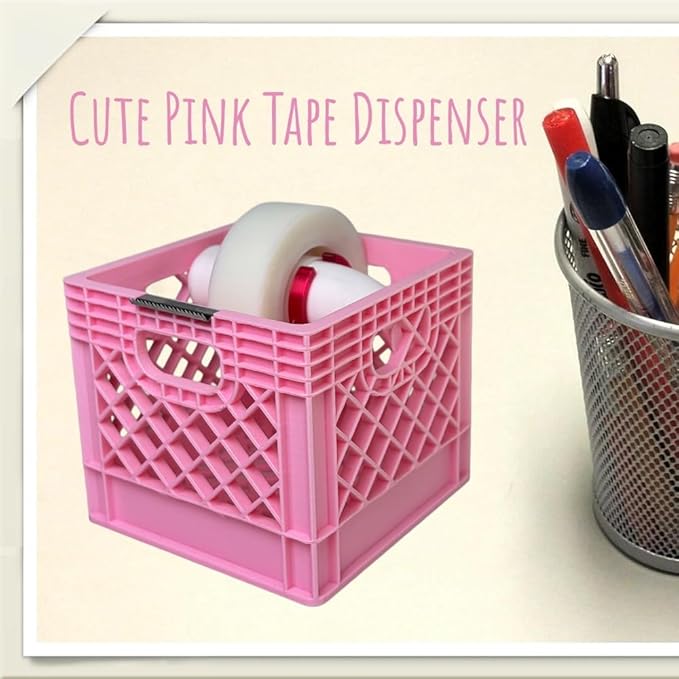 Mini Milk Crate Tape Dispenser - Cute Desk Accessories - Fun Office Supplies- Unique Unusual Desktop Organizer - Useful Novelty Practical Coworker Gag Gifts Vintage Decor Accents (Pink)
