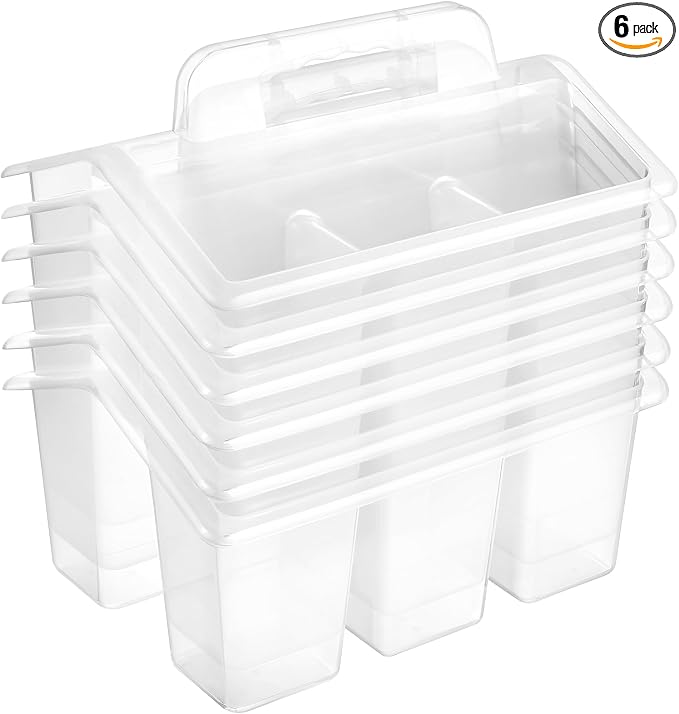 ALINK Classroom Caddy Storage Basket with Handle, 6 Pack Plastic Arts Office Crafts Caddy 4 Compartments for Kids, Pencil, Crayon, Marker, School Supplies - Clear