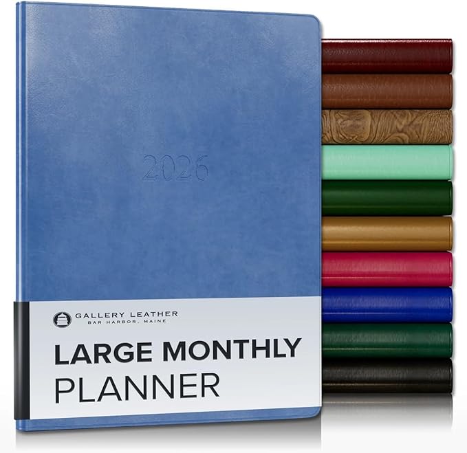 Gallery Leather Large Monthly Planner 2025-2026, Elegantly Bound Calendar Planner and Notebook with Stylish Gold-Gilded Page Edges, 18 Months - Acadia Hydrangea - 9.75x7.5"