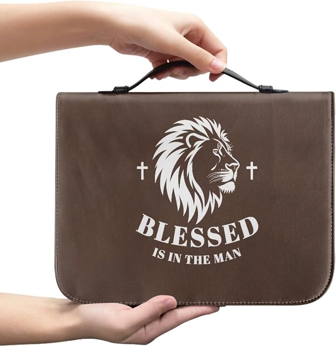Retro Religious Style Lion Bible Case with Bookmark Waterproof Bible Cover Case for Women Lightweight Bible Bag with Handle Pockets Church Book Bag Brown