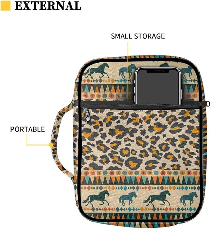 Coldinair Tribal Horse Bible Covers Bag for Women,Leopard Print Carrying Book Case Church Bag Bible Holder with Handle and Zippered Pocket