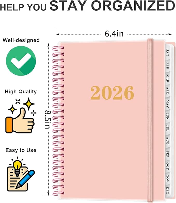 2026 Planner - Weekly and Monthly Planner from Jan 2026 - Dec 2026, Spiral Planning 2026 with 12-Month Tabs, Inner Pocket, 6.25" x 8.5", Pink