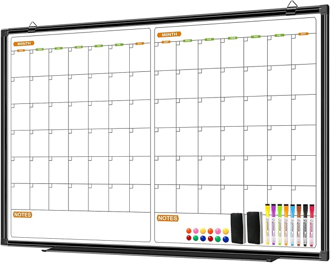 2 Month Whiteboard Dry Erase Calendar for Wall, 36" X 24" Magnetic Calendar Whiteboard for Wall, Wall Hanging Aluminum Frame with Tray for Home, School, Office