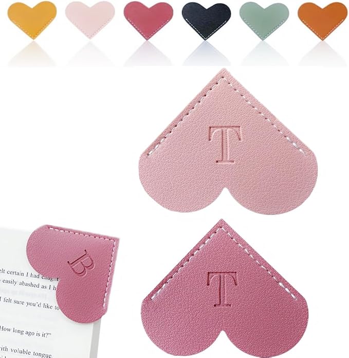 Personalized Leather Heart Bookmark, 26 Letters Customized Corner Book Mark for Reading Women, Book Marker with Initials，Cute Gifts (Light Pink+Deep Pink, T)