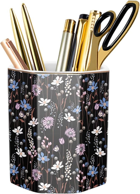 Ceramic Floral Pen Holder for Desk, Cute Large Capacity Colored Pencil Organizer for Office, Makeup Brush Holder for Girl Women, Black Flower