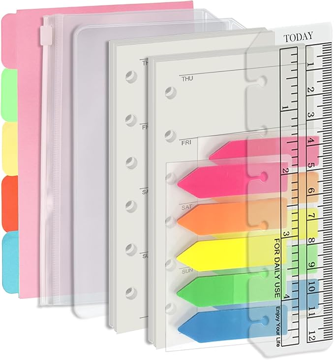 Harphia A7 6 Hole Binder Refill Value Set, 90 Sheets Weekly Plan Loose Leaf Paper with Sticker and Divider, Week Planner Inserts for A7 Binder