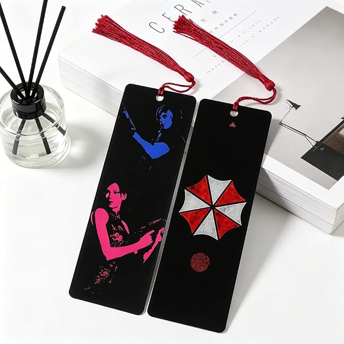 2 Pack Acrylic Bookmark Set with Red Tassels, Double Sided Survival Horror Inspired Book Markers, Anime Style Reading Accessories, Tactical Character Gift for Book Lovers Students Readers(2Pcs Evil)