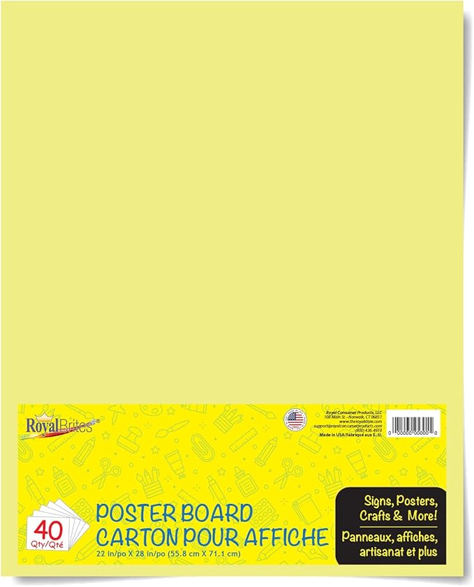 Royal Brites Yellow Poster Board 22 x 28 Inches - 40 Sheets Multipack - Ideal for School Projects, Presentations, Signage - Posterboard, Durable and Bright - Bulk Pack for Arts and Crafts