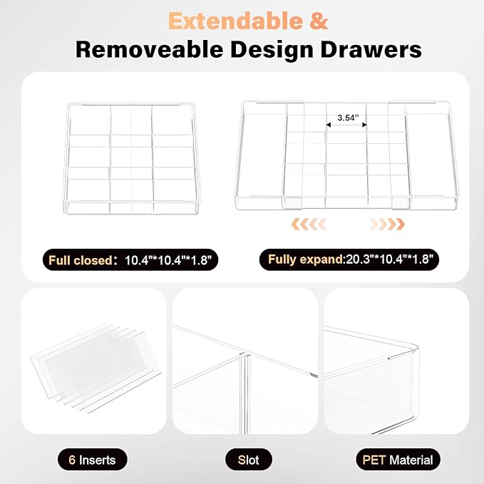 Acrylic Expandable Desk Drawer Organizer with 11 Adjustable Compartments and 6 Removable Dividers Desk Accessories for Office Kitchen Bathroom Makeup and Utensil Junk Storage (Clear, 3Pcs)