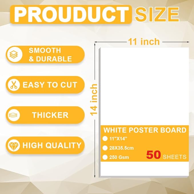 50 Sheets White Poster Board, 11"x14" White Poster Paper, Heavyweight Poster Boards, 250gsm, Blank Poster Board for Art Display, Classroom Use, Craft Project, Presentation, Thickness Vision Board