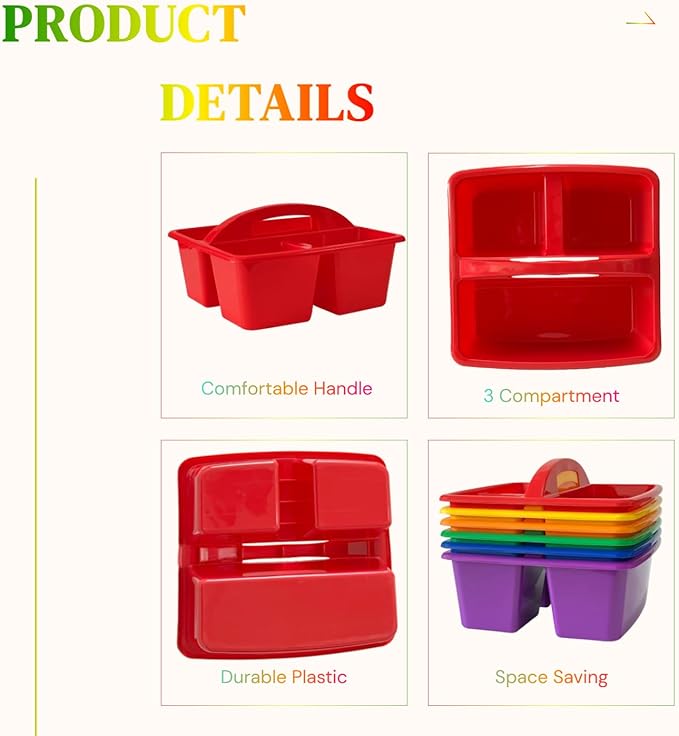 RAUVOLFIA Set of 6 Classroom Caddy, Small Plastic Storage Caddy with Handle for Classrooms, Kids Room and Office Organization, 3 Compartment (Rainbow)